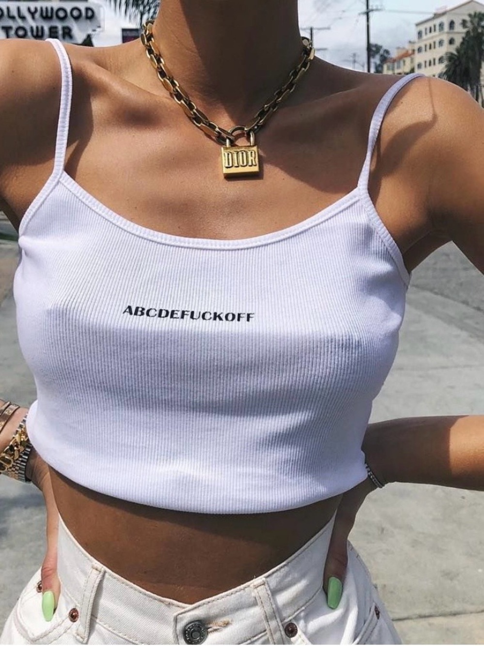 Fashion Nova White Ribbed Spaghetti-Strap Crop Top with Center Script